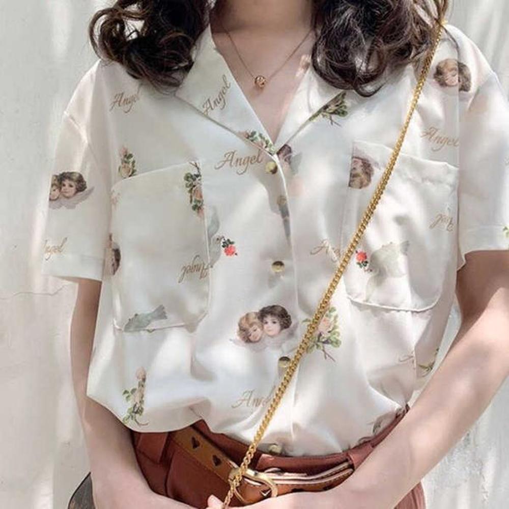 summer angel print v neck shirt womens retro shortsleeved chiffon