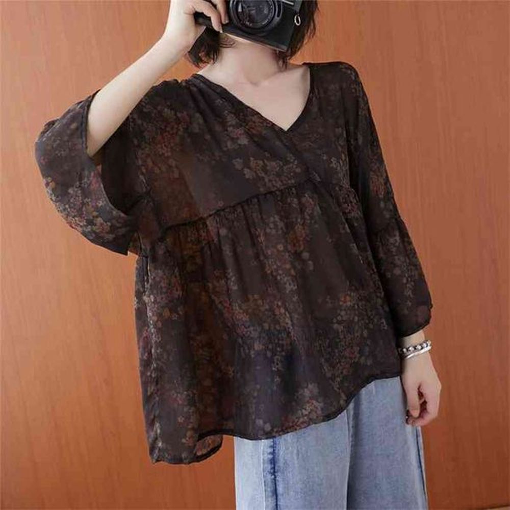 summer arts style women loose vneck chiffon tshirt sleeve