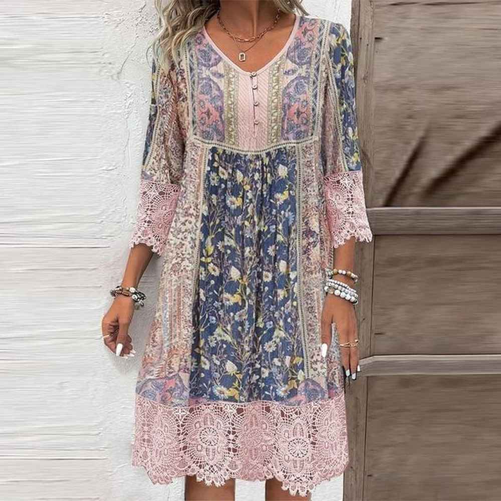 summer autumn retro dress womens flower printed aline lace button