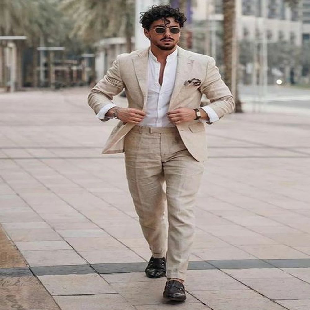 Summer Beach Business Linen Men Suits Tailor Made 2Pcs Jacket With Pants Formal Tuxedo Blazer Trousers Party Wear Mans Clothing 240820