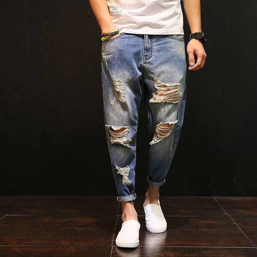 Summer Big Holes Jeans for Men Nine Points Pants Loose Mens Jeans Casual Trousers Pants for Man 2018 Streetwear