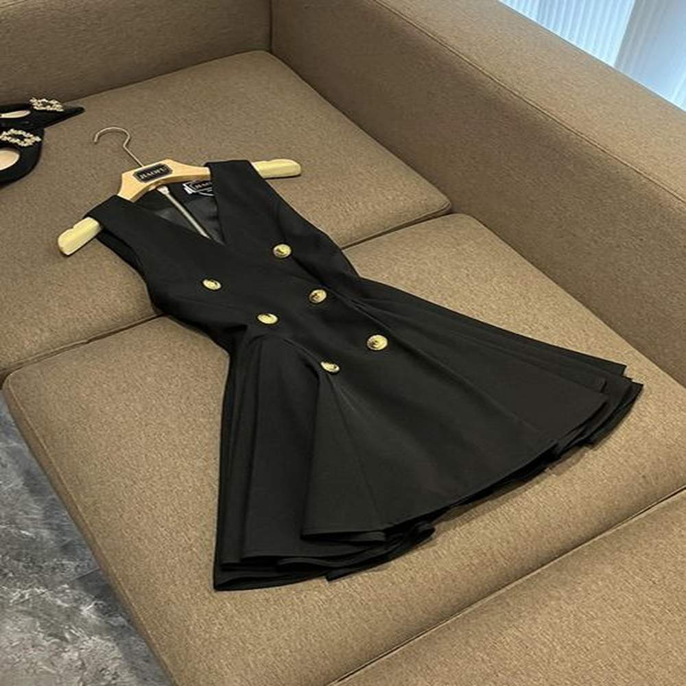 summer black solid color dress sleeveless vneck buttons doublebreasted