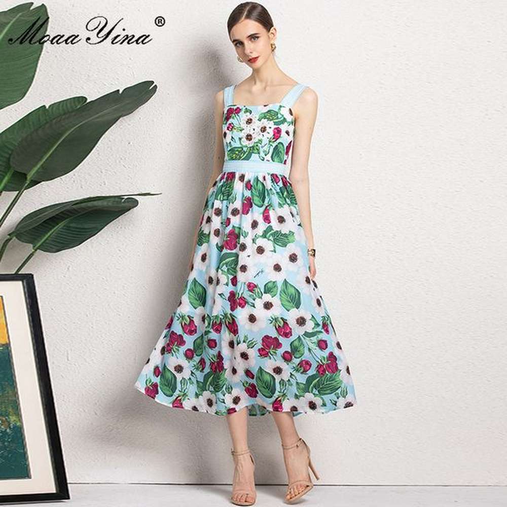 summer bohemian holiday dress women spaghetti strap flower print runway
