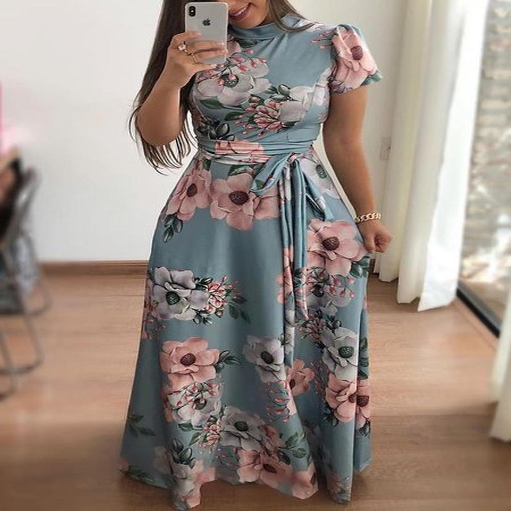 summer boho floral print long dress short sleeve tunic maxi