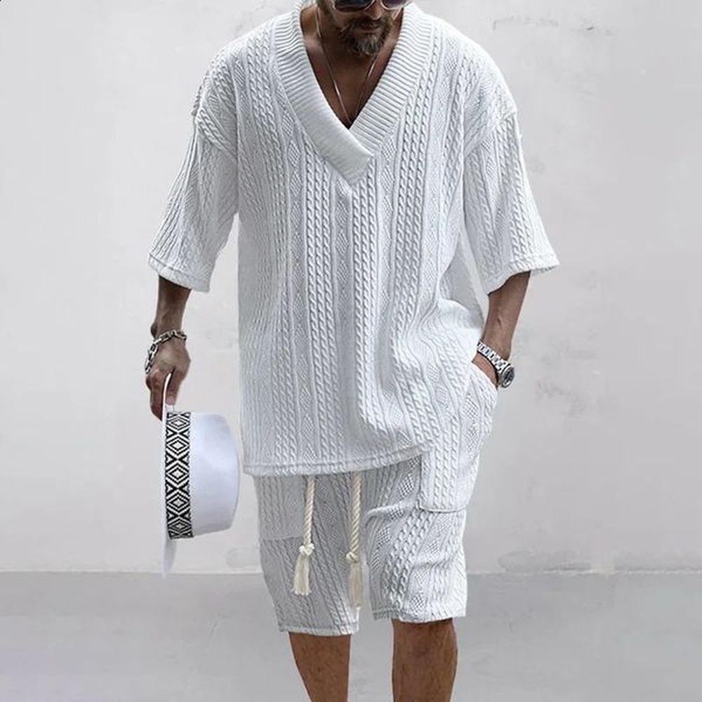 2024 Summer Casual Shorts Set Knitted Two Piece Mens Clothing V-Neck Short Sleeve T-shirt and Shorts Streetwear Knit Outfits 250109