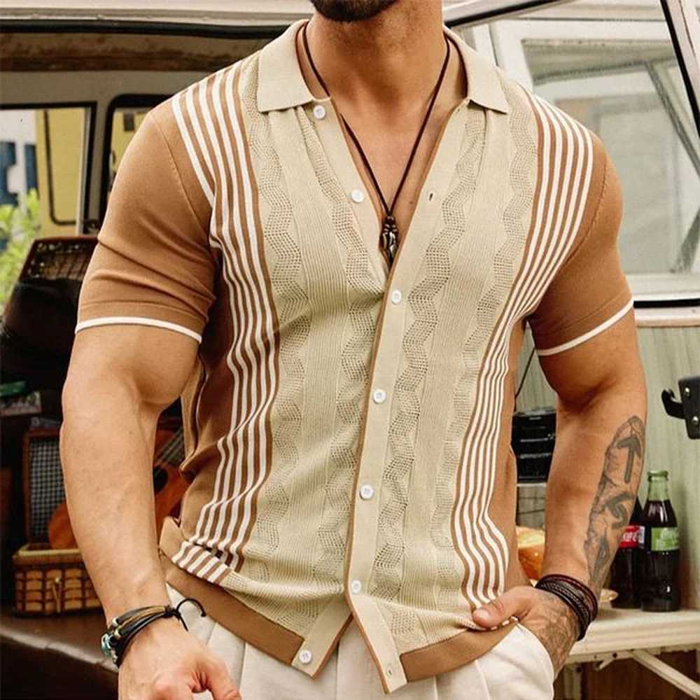 Summer Casual Slim Knitted Ice Silk Shirt Men Fashion Patchwork Striped Knit Shirts Vintage Buttoned Lapel Mens Knitting 250208
