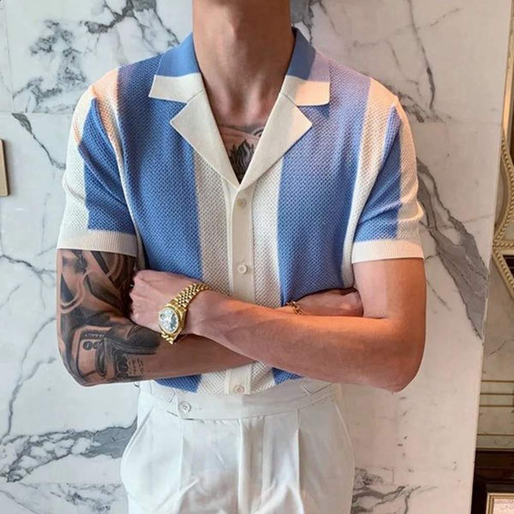 Summer clothing mens high-end knitted patch work short sleeved polo shirt with lapel button breathable T-shirt fashionable M-3XL 241203