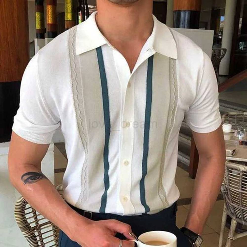 Summer Clothing Mens Luxury Knitted Short Sleeve Polo Shirt Retro Lapel Button-down Patchwork Fashion Business Leisure KnitwearXJ240920