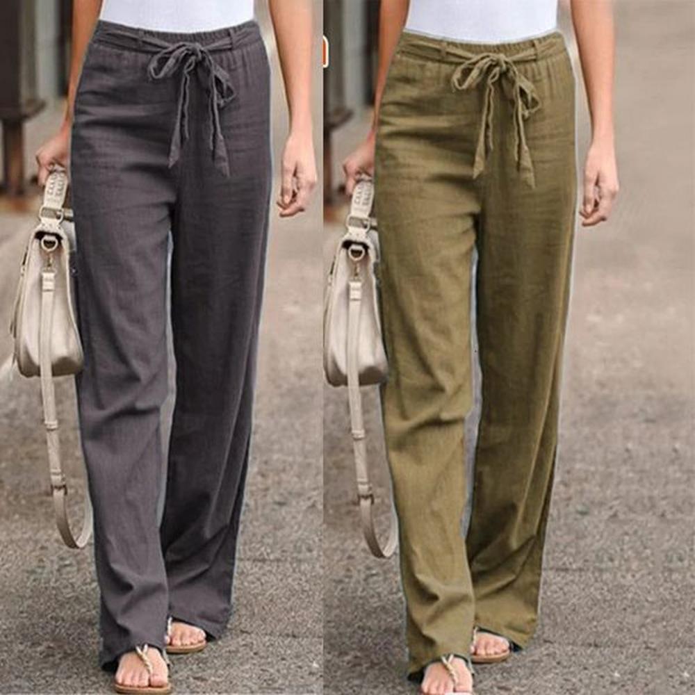 summer cotton linen womens pants wide leg trousers fashion solid