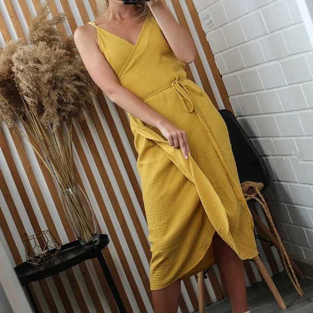 summer cotton muslin gauze womens dress vneck tieup