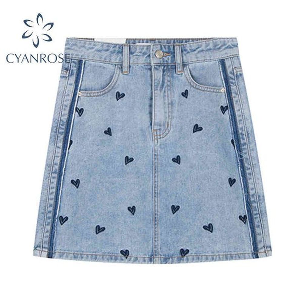 summer crop denim skirt love print retro a line washed