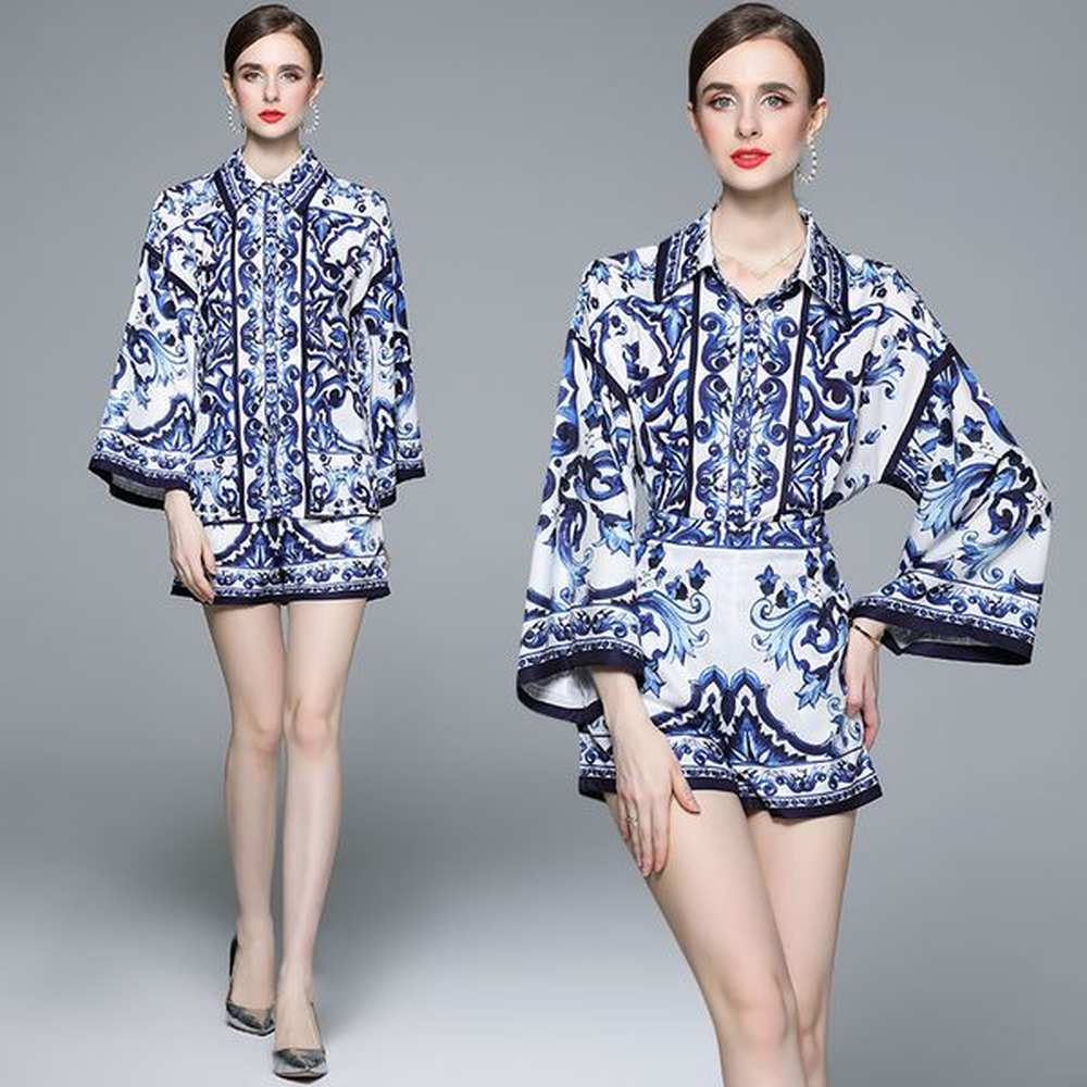 summer designer short pants women outfits retro floral two piece