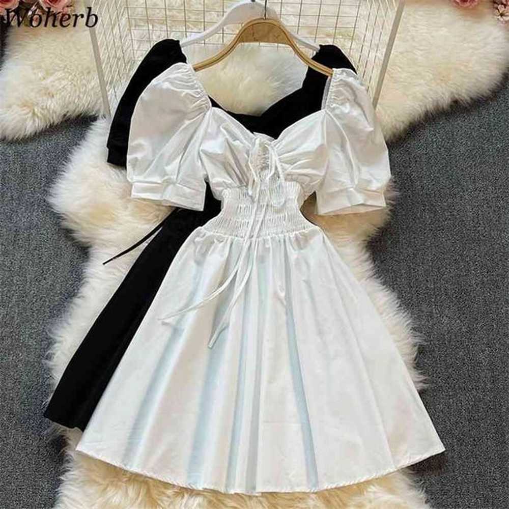 summer dress woman square collar puff sleeve vestidos mujer white