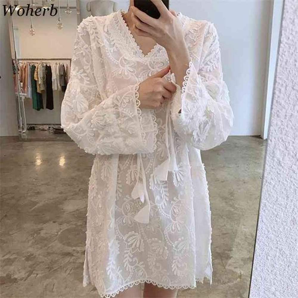 summer dress women white lace embroidery korean style fairy dresses