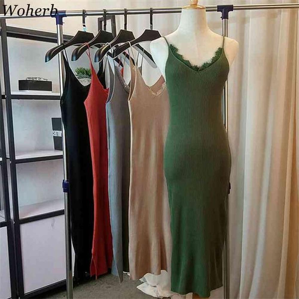 summer elegant sexy knitted dress women spaghetti strap sleeveless robe