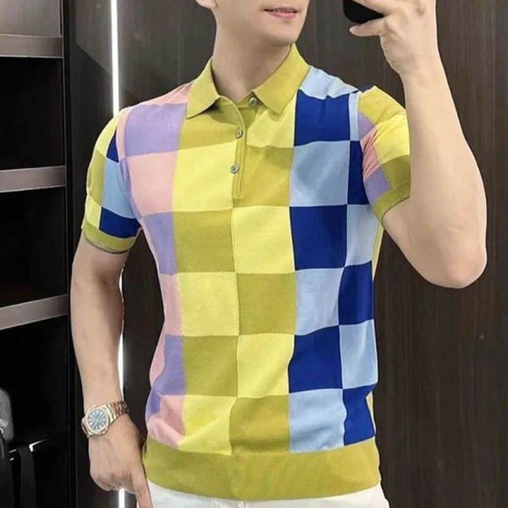 2024 Summer European Fashion Short Sleeved Lapel Checkerboard Patchwork Polo Shirt Slim Fit Business Casual T-shirt for Men 240806