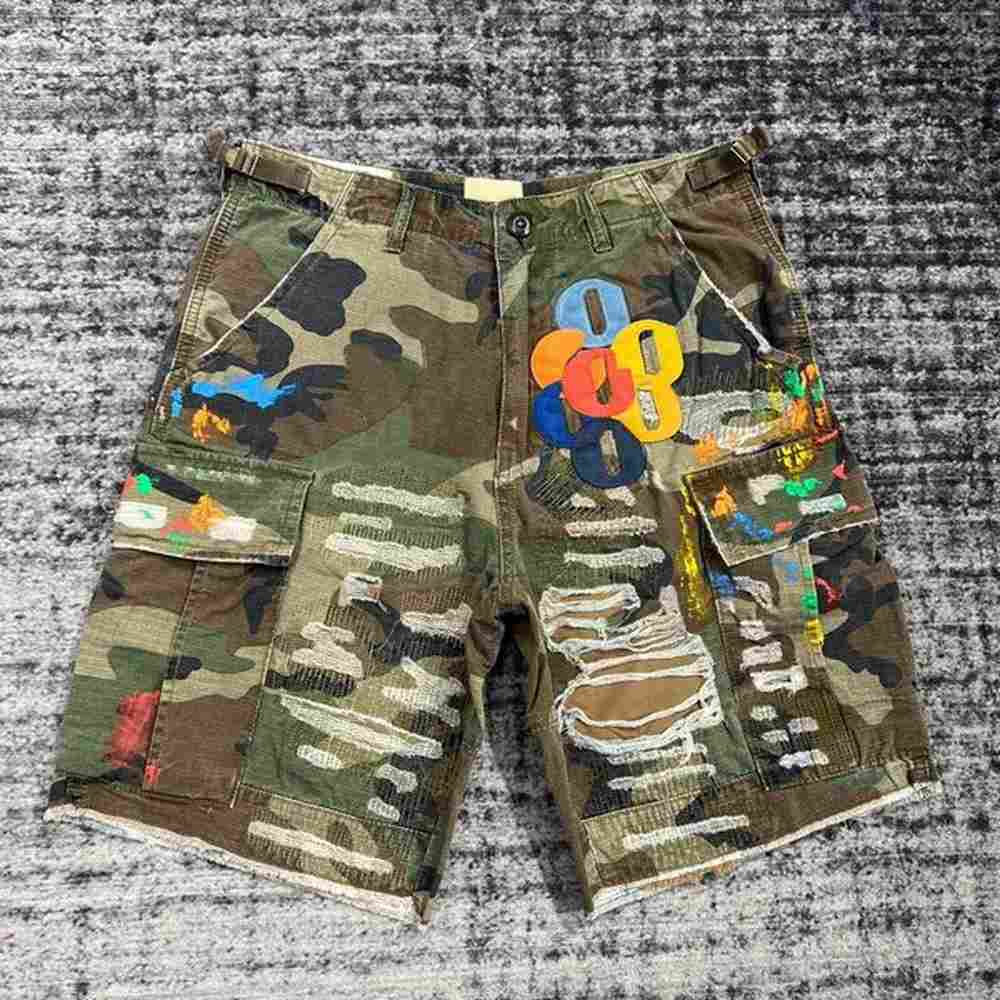 Summer Fashion Camouflage Splicing Leather Letter Washed Retro Knee Jeans Men Women Shorts 250106