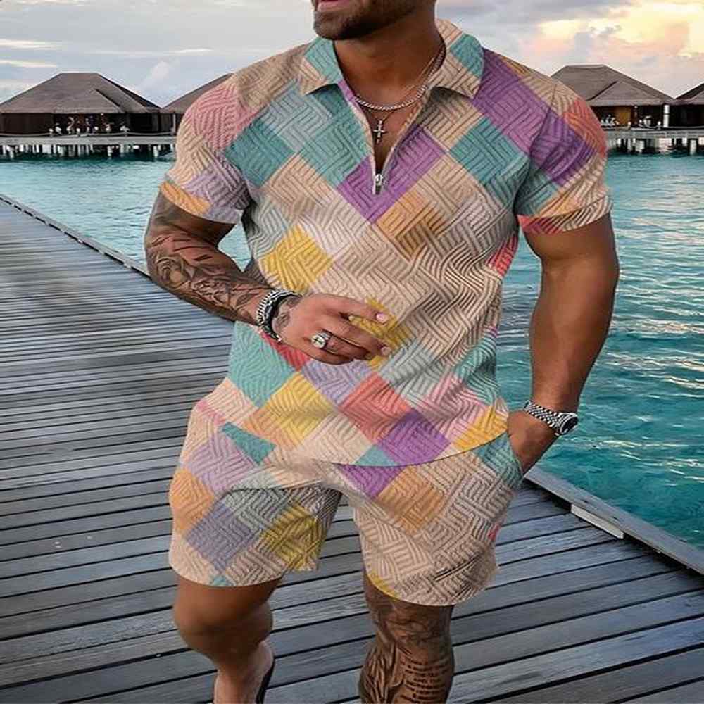 Summer Fashion Mens Sweatsuit set Colored Patches 3D Print Casual Zipper Polo Shirt Shorts 2pcs Sets Oversized Tracksuit Sets 241225