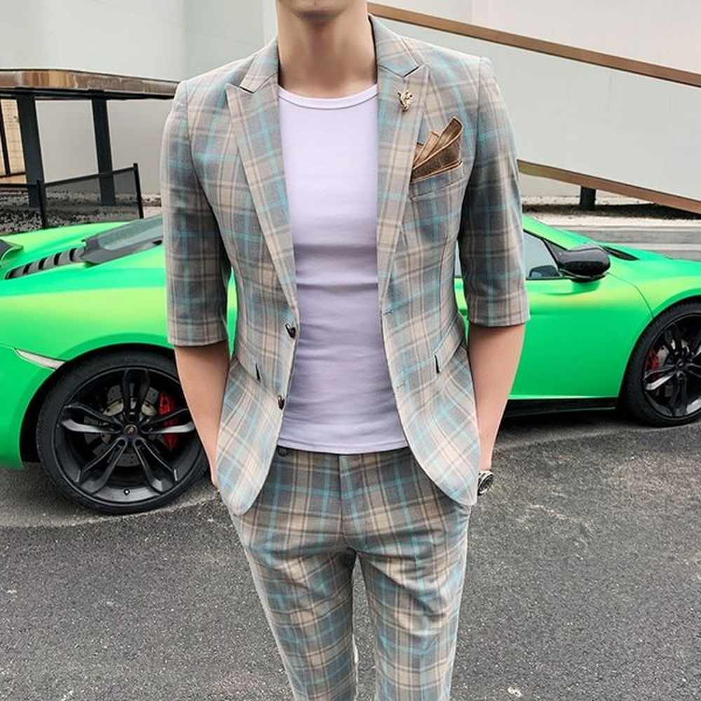 Summer Fashion 2 Pieces Suit Men Plaid Business Casual Slim Fit Wedding Groom Suits Terno Party Tuxedo Suits (jacket+pant) 201105