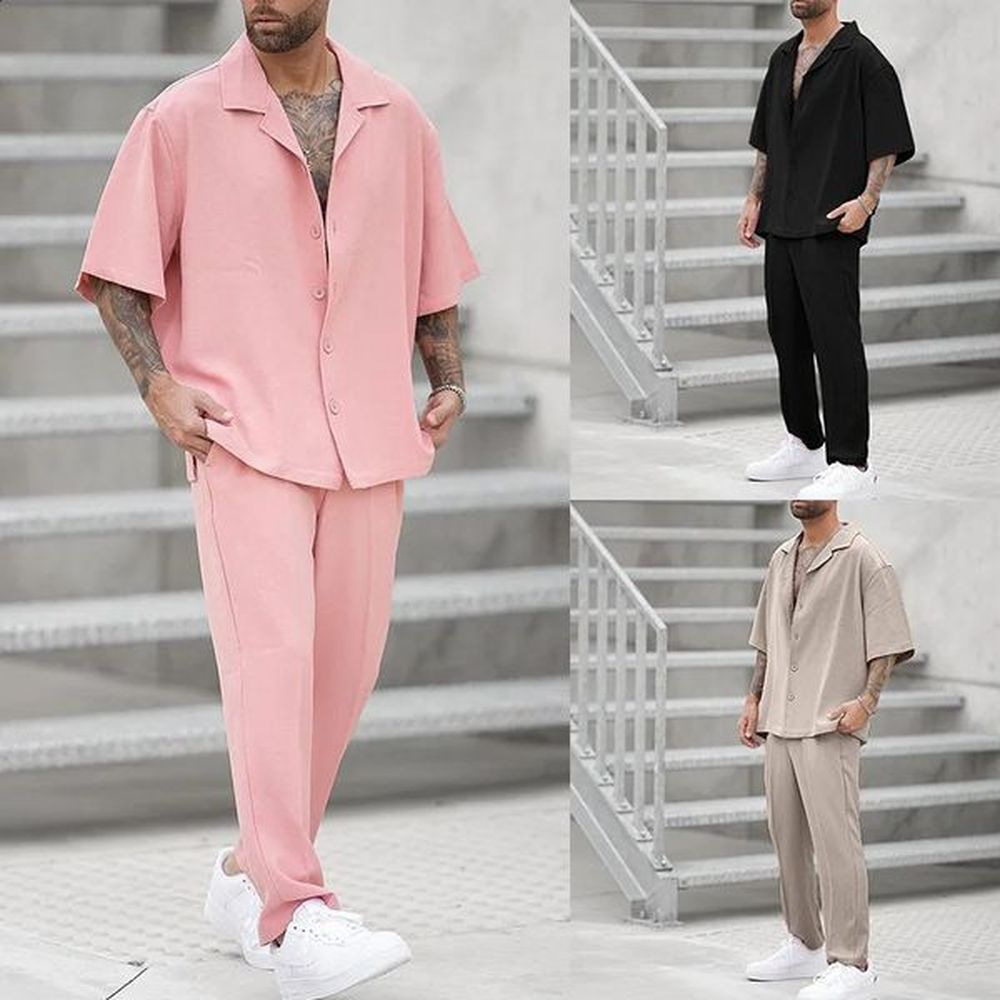 2024 Summer Fashion Two Piece Suits Mens Clothing Casual Short Sleeve Lapel Button Shirt And Pants Set For Men Leisure Outfits 241225