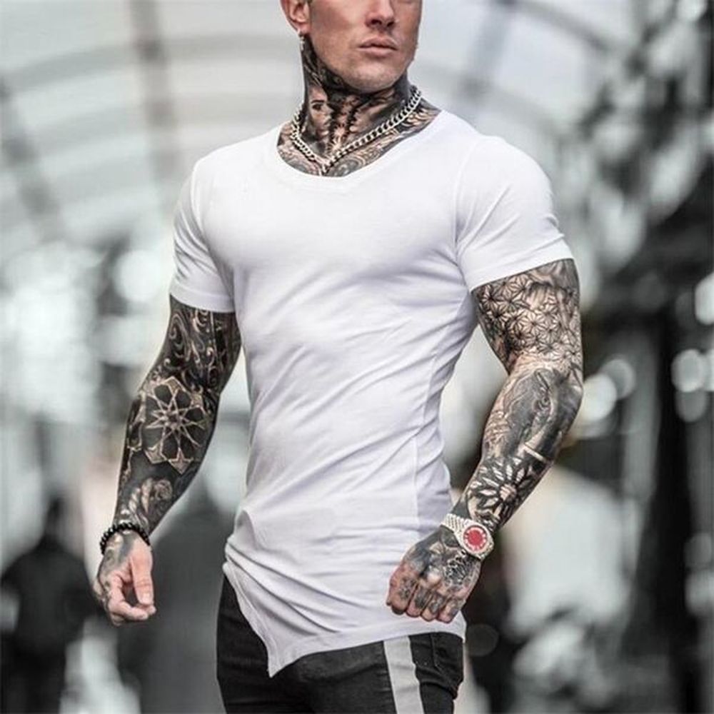 Summer Fitness Men Cotton Short Sleeve t-shirt Oblique V Neck Gyms Clothing Bodybuilding T shirt Male Slim Tight Tees Tops 220504