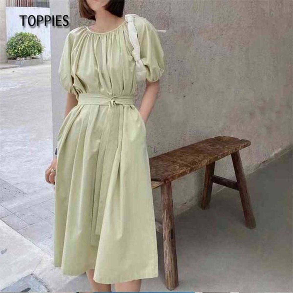 summer green midi dress loose oversized puff sleeve blouses woman