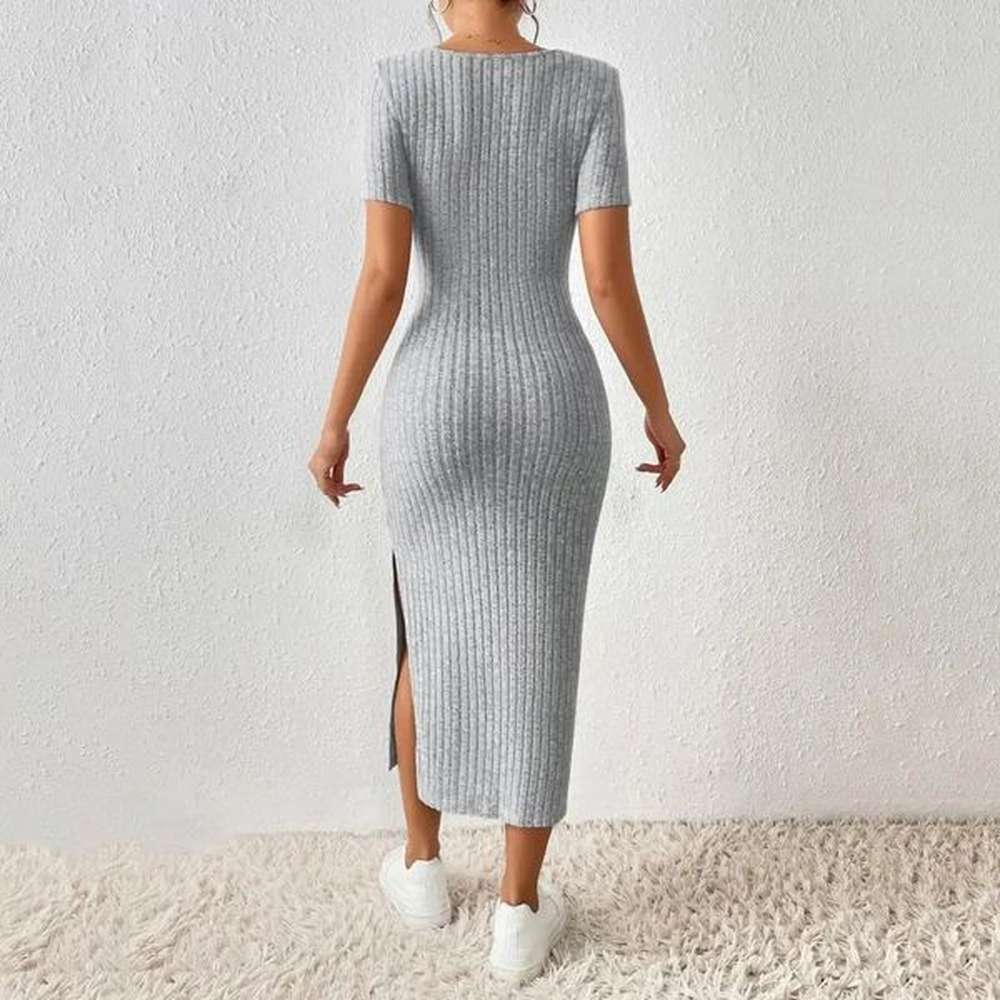 summer hipcovering slit dress elegant square neck knitted midi dress