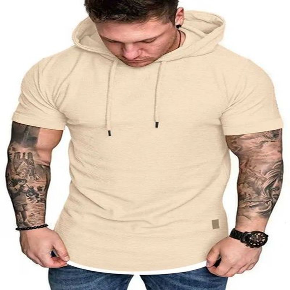 summer hooded Tshirt mens solid color short sleeve hoodie 250113