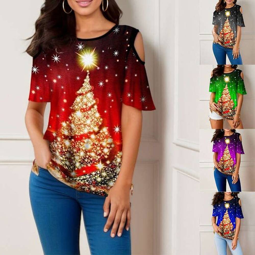 summer hot selg popular christmas tree printed round neck loose