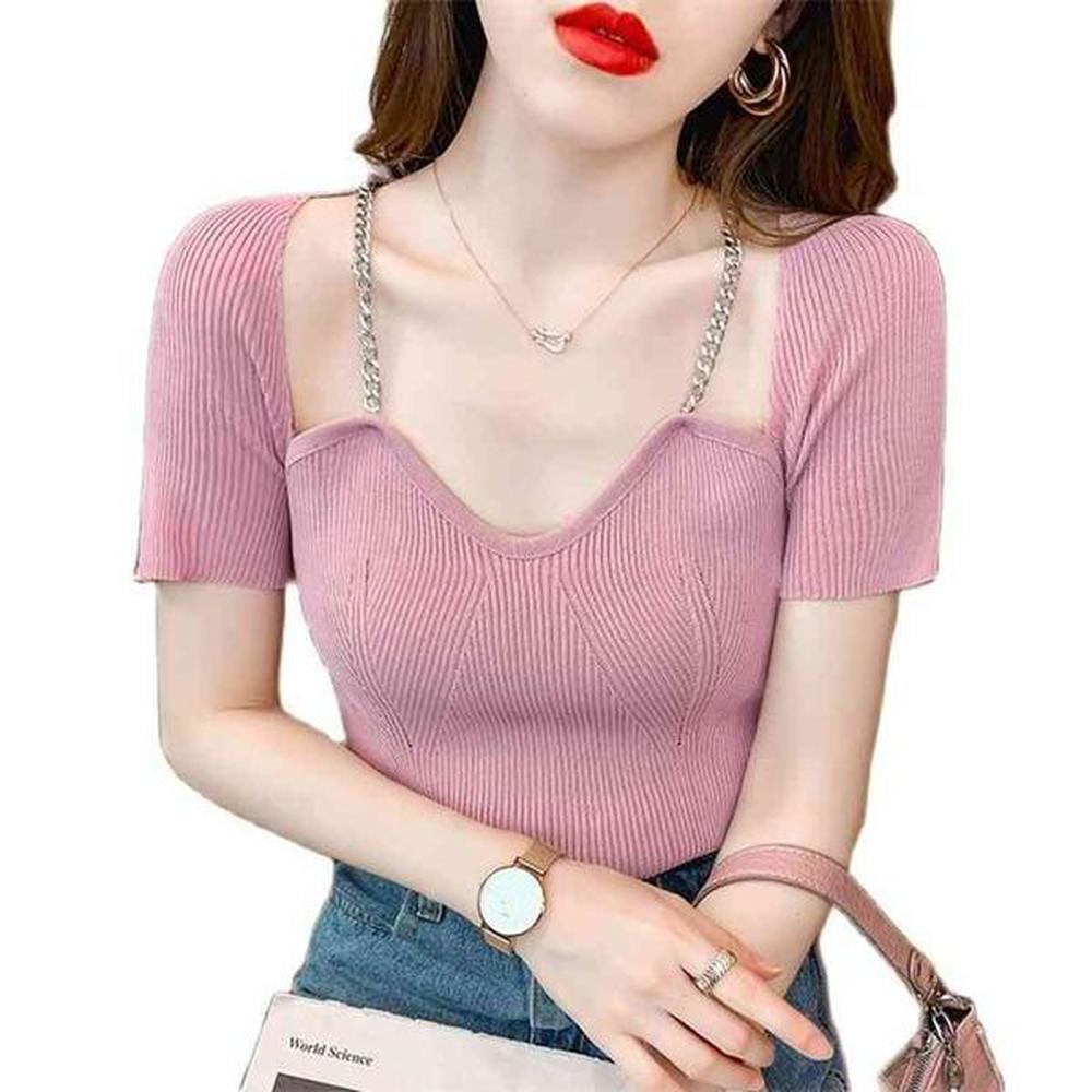 summer korean chic ice silk sweater women thin shortsleeved tshirt