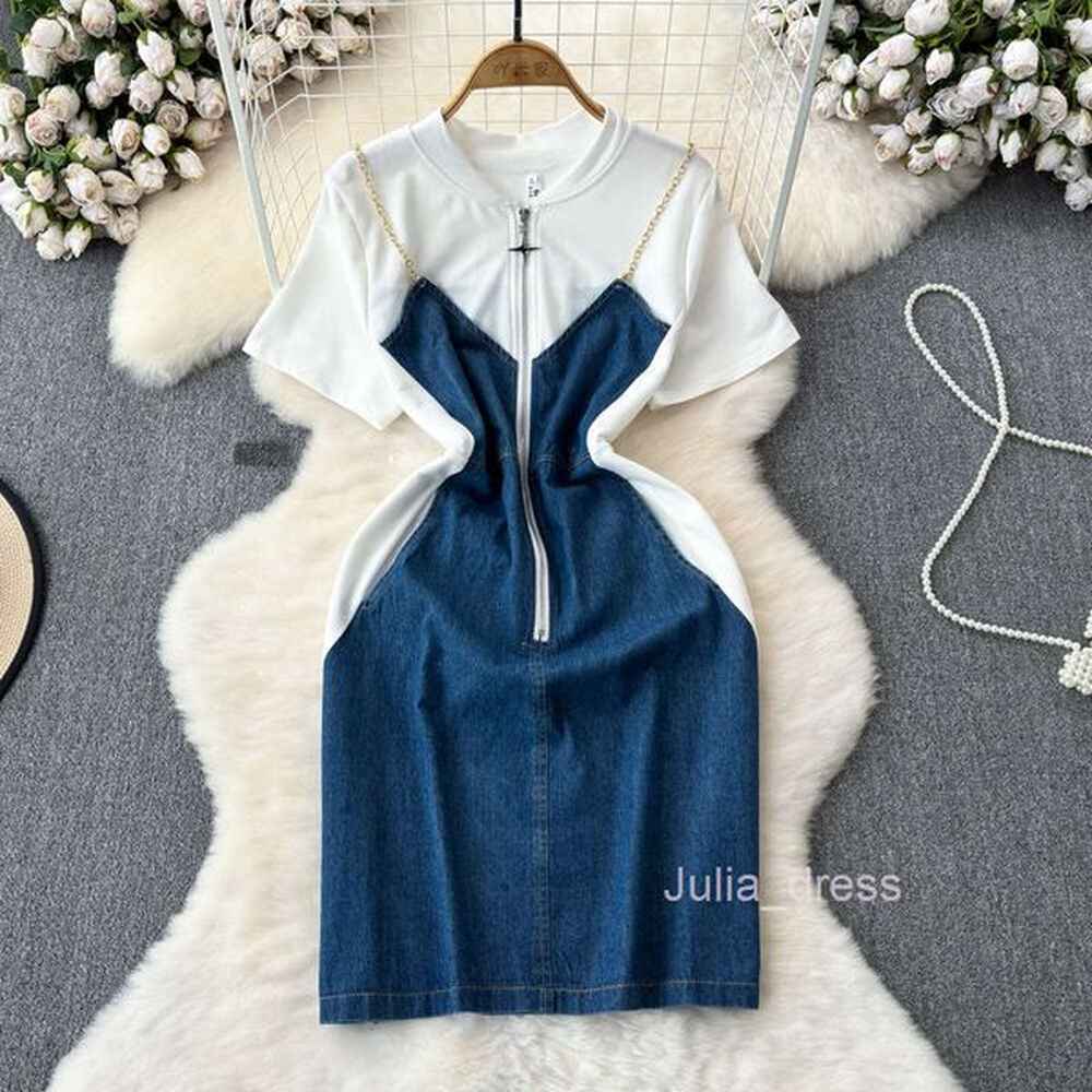 summer korean edition fake two piece contrast color short