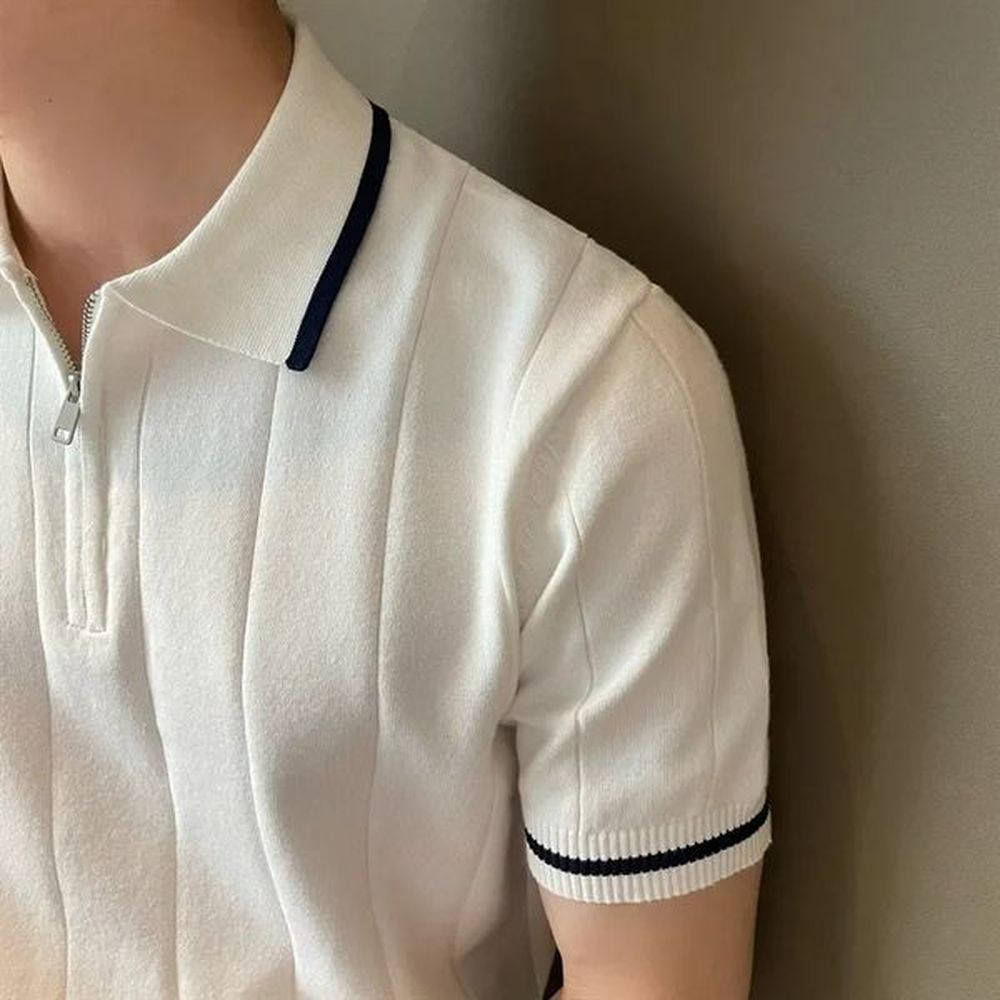 Summer Korean Style Mens Half Zipup Casual Knitted Top Short Sleeves Lapel Trendy Fashionable Polo Shirt 250107