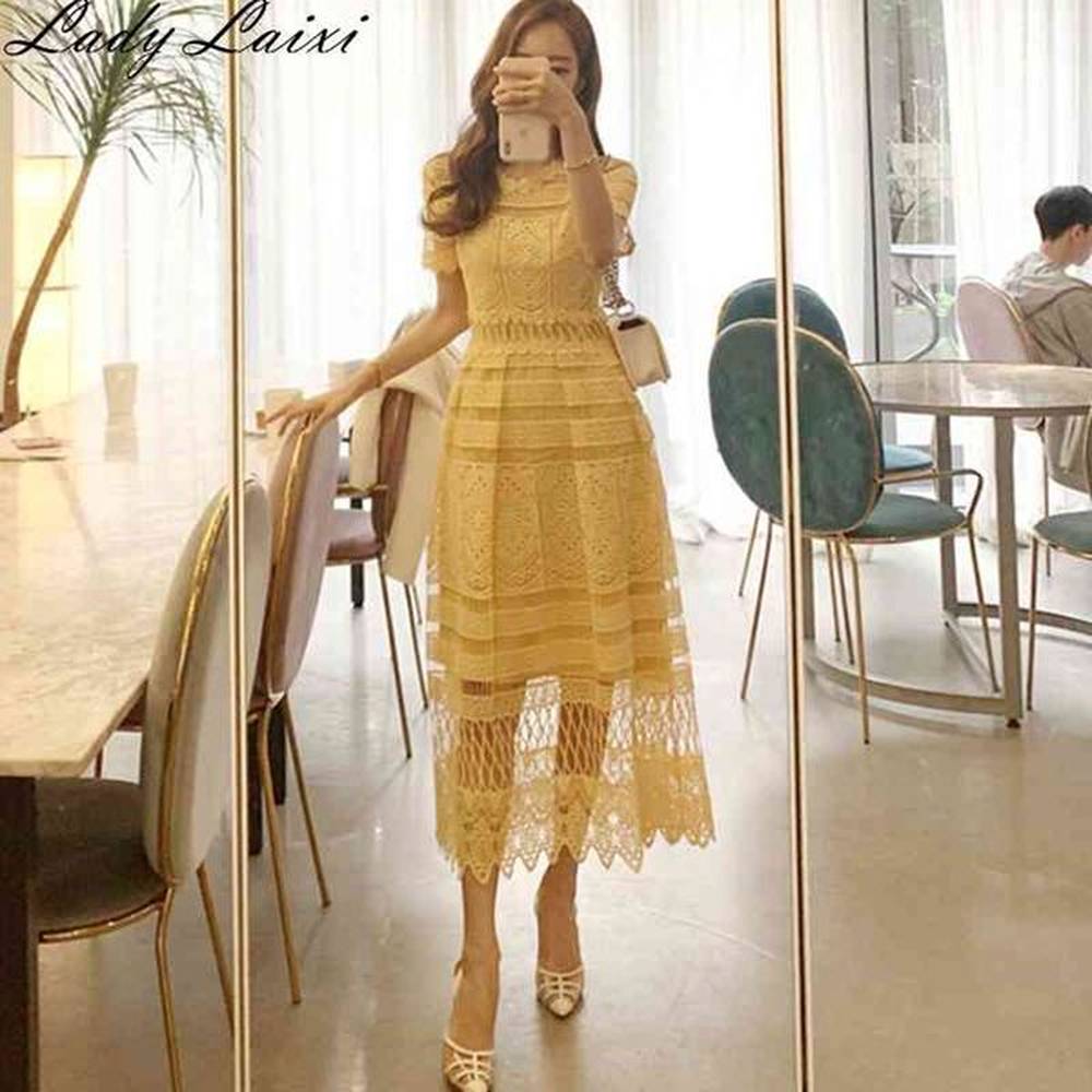 summer korean yellow dress women short sleeve hollow out hook