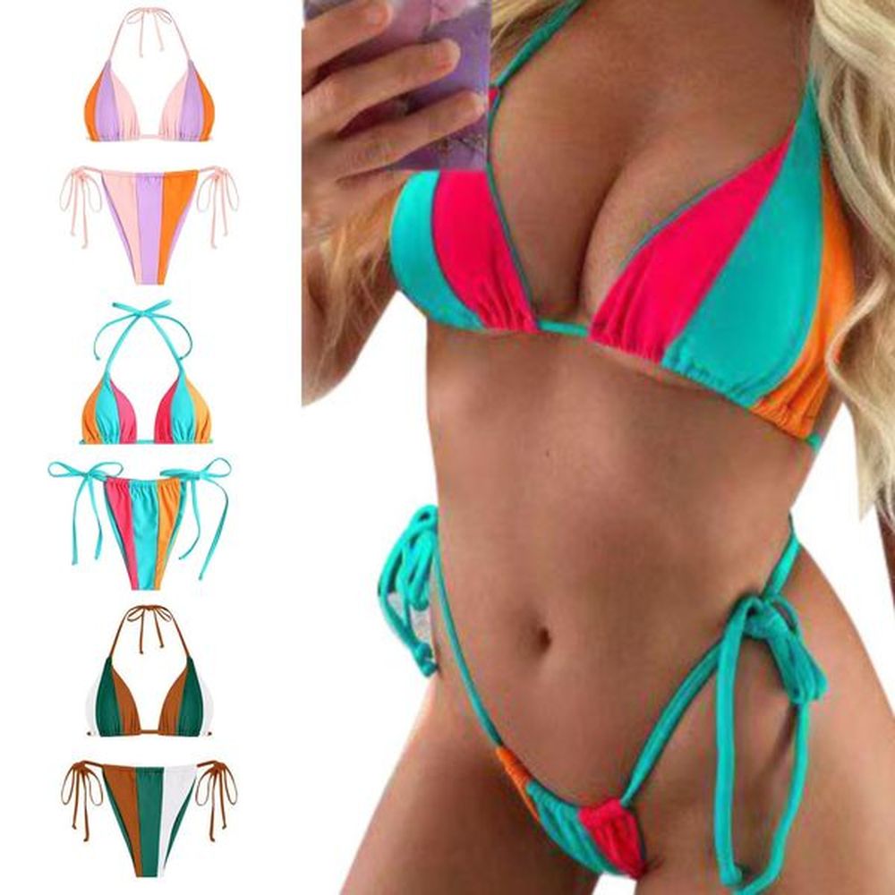 summer ladies sexy two piece swimsuit plain stitching bikini beach