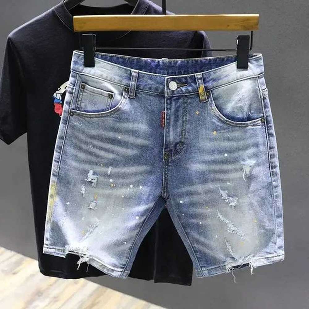 Summer Loose-fit Thin Paint-splattered Denim Shorts Mens Mid-length Riding Breeches Stretchy Pants For Cycling LeisureXJ241206