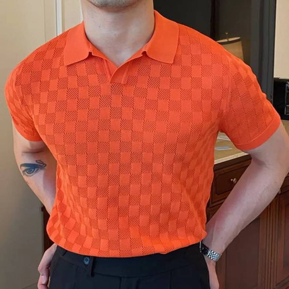 Summer Men Jacquard Plaid Short Sleeve Polo Shirt Casual Lapel Tshirt High Quality Contrast Color Tee Tops Business Orange y241009
