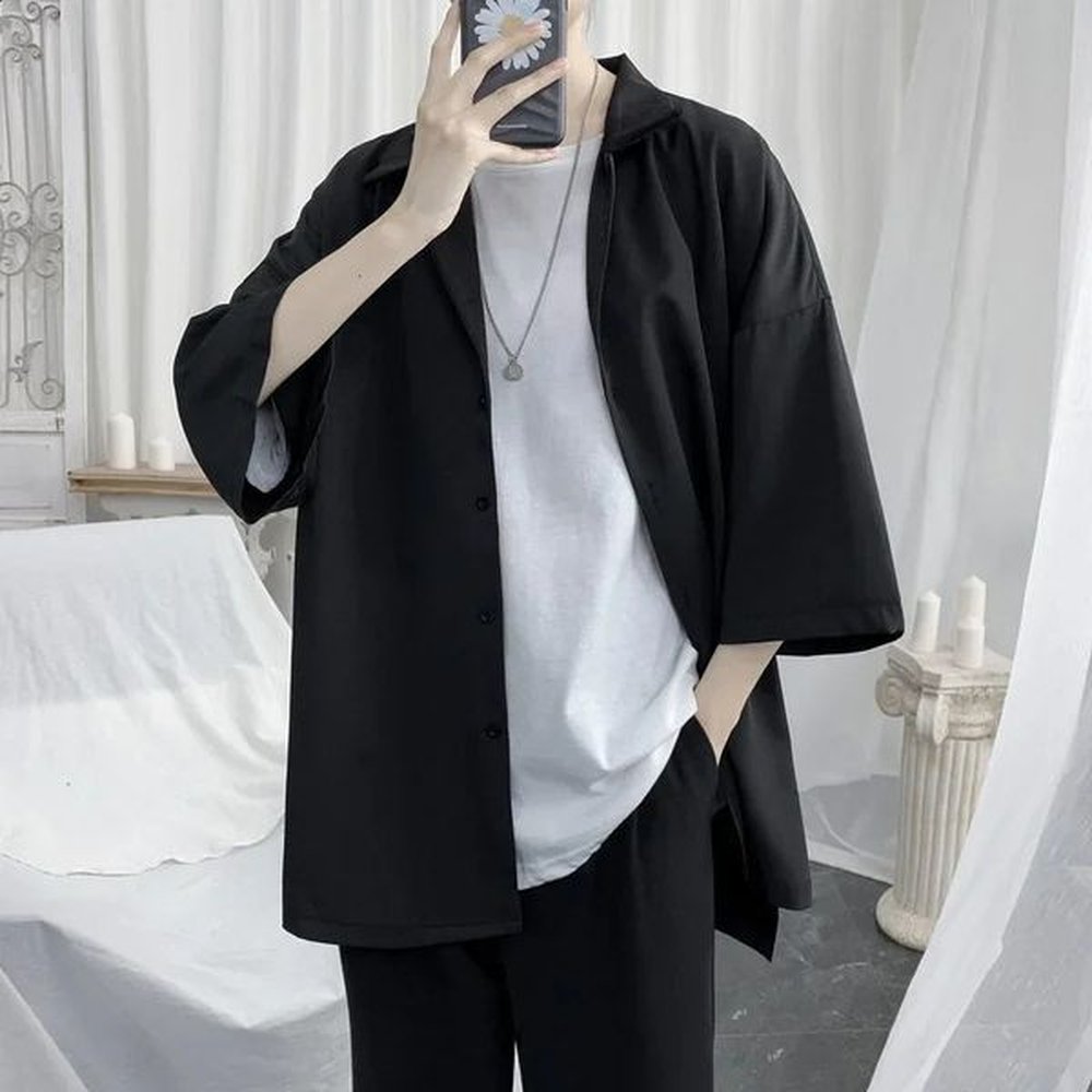 Summer Men Shirt Short Sleeve Solid Color Shirts For Man Vintage Harajuku Casual Oversized Blouses Fashion Mens Clothing 240816