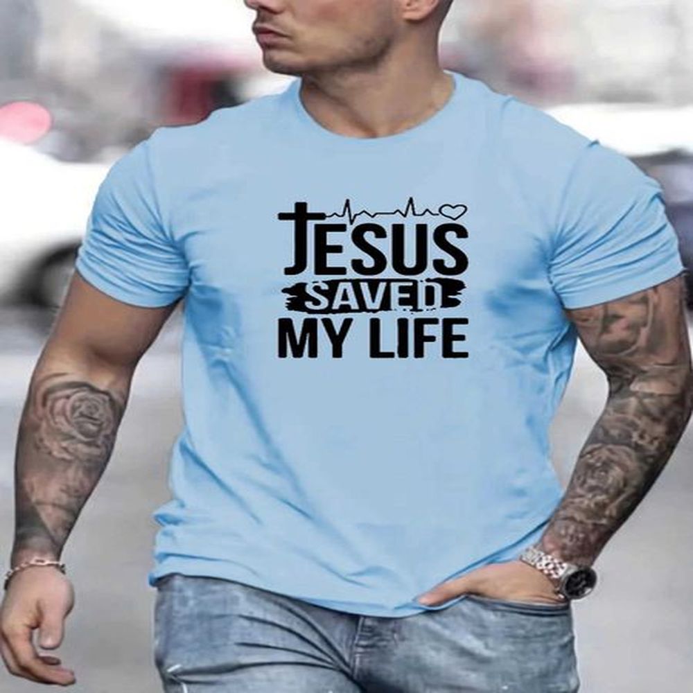 Summer mens 100% cotton casual loose size JESUS SAVED MY LIFE print round neck short sleeved T-shirt topXJ250211