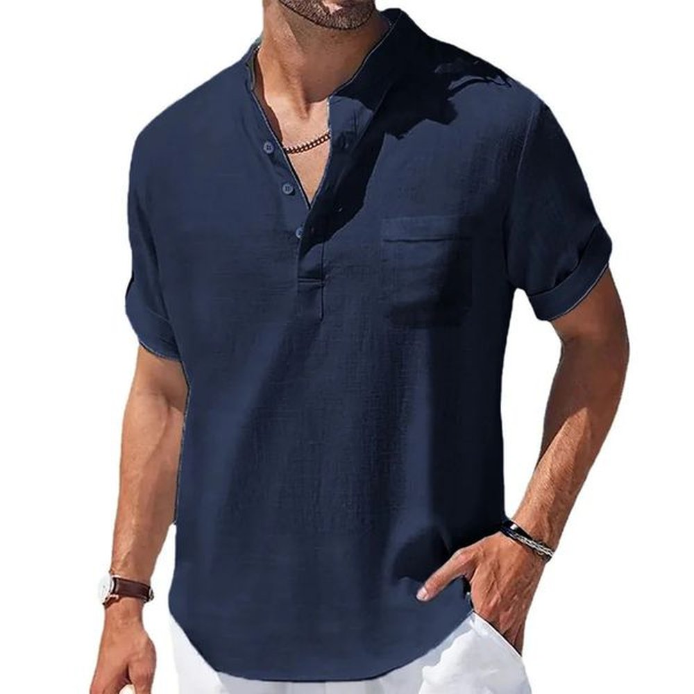 Summer mens cotton linen short sleeved T-shirt Henry collar casual mens T-shirt mens clothing 250208