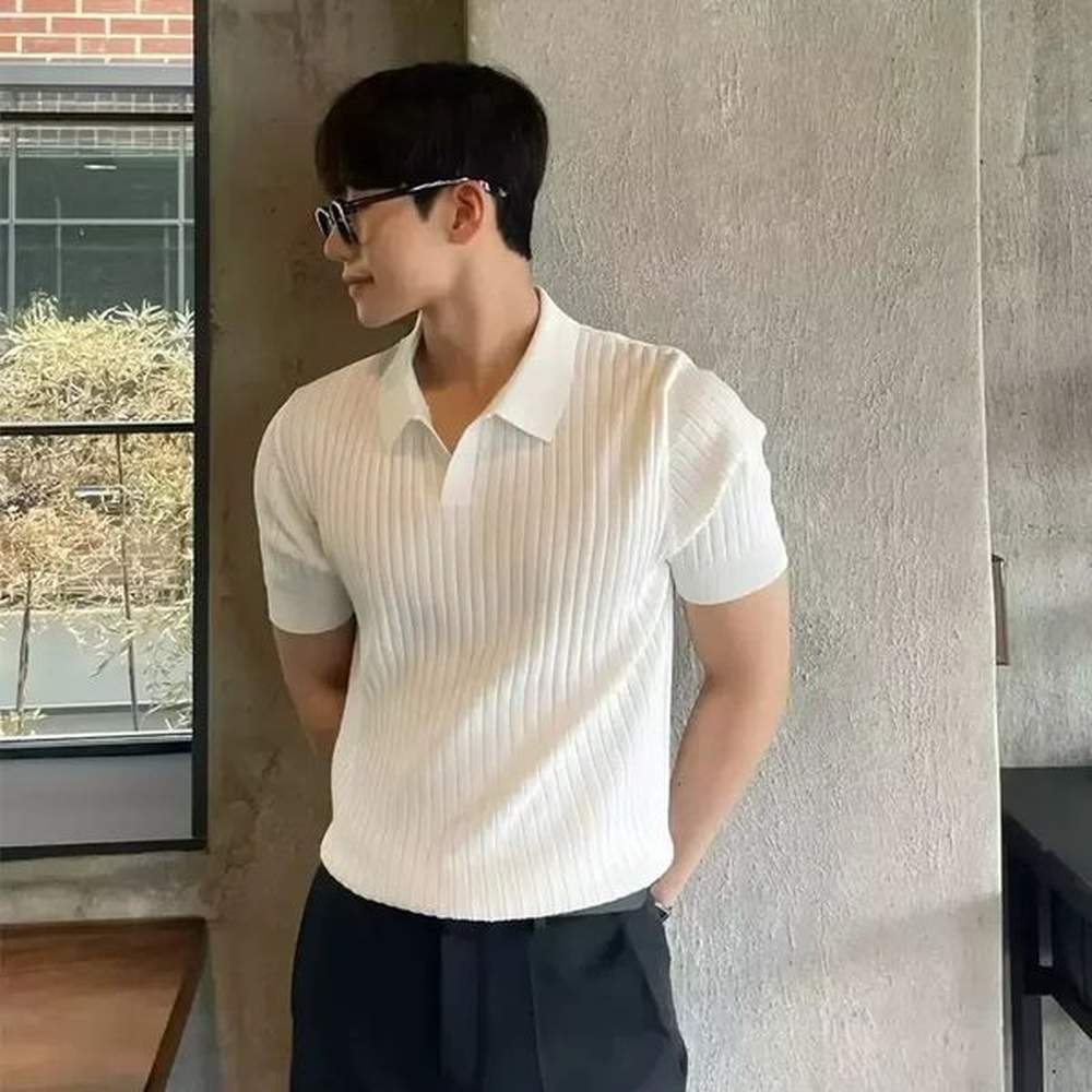 Summer Mens Ice Silk Lapel Polo Short Sleeve Thin Fashionable Vneck Striped Knit Base Layer Top Shirt 241213
