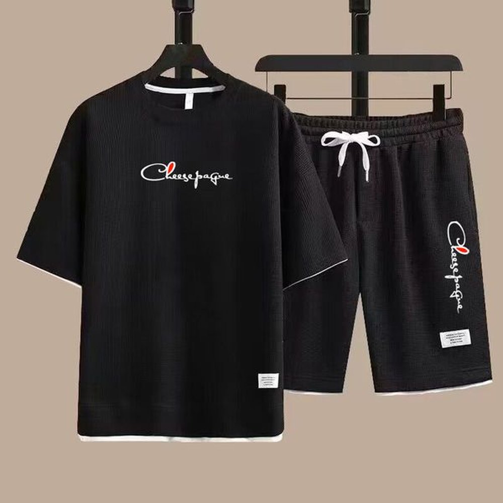 Summer Men's printed Fitness Casual training Brand tracksuit mesh breathable short sleeve T-shirt jogging shorts 2 sets Plus Size S-3XL