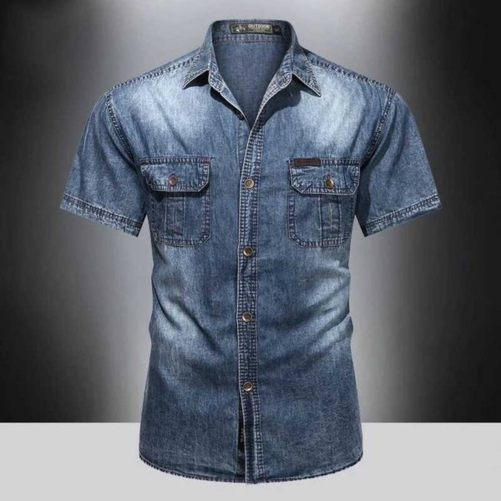 Summer mens pure cotton denim short sleeved shirt American loose workwear top ice silk quick drying casual topW240726
