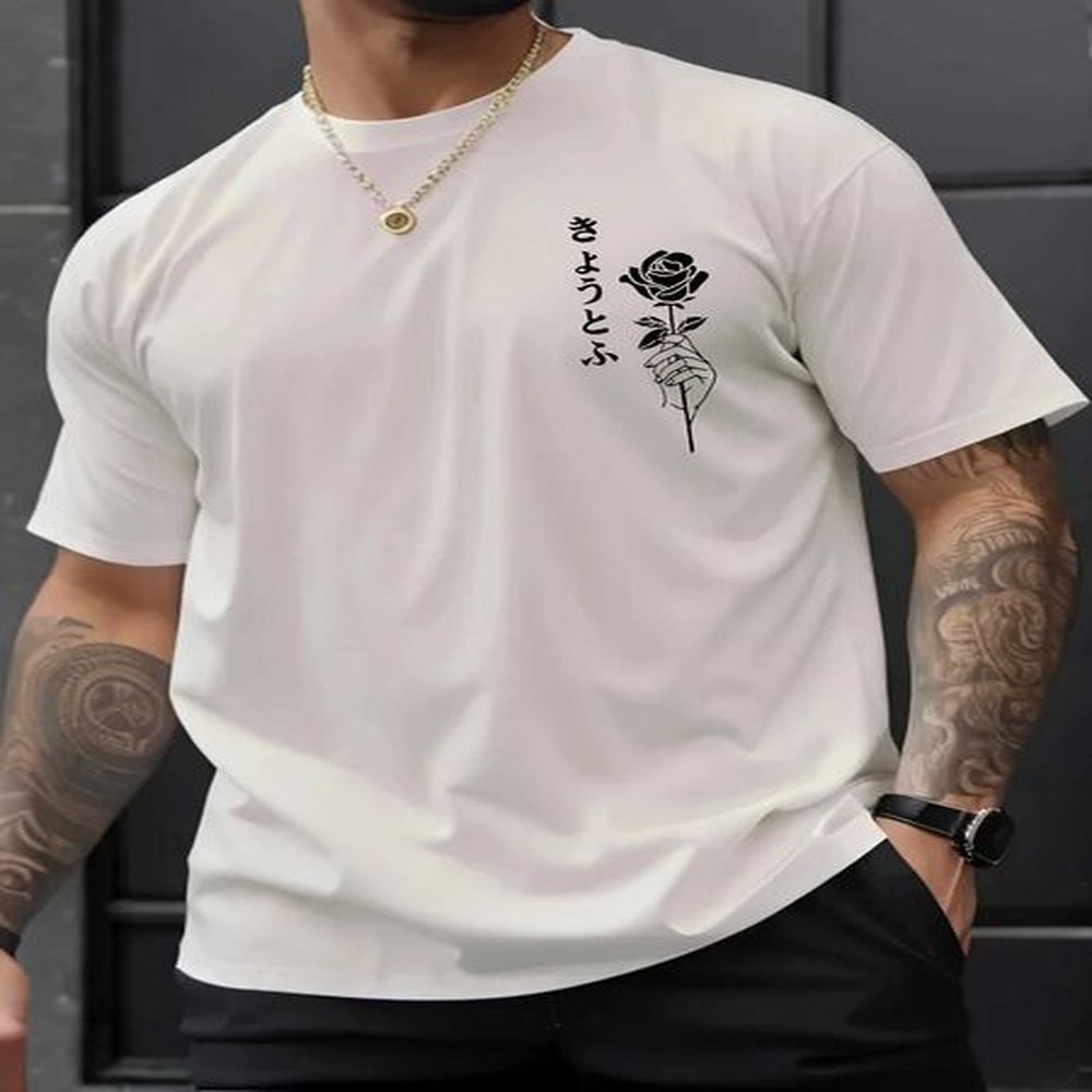 Summer mens 00% pure Polyester sports casual loose fit plus size rose pattern printed round neck short sleeved T-shirt top W250211
