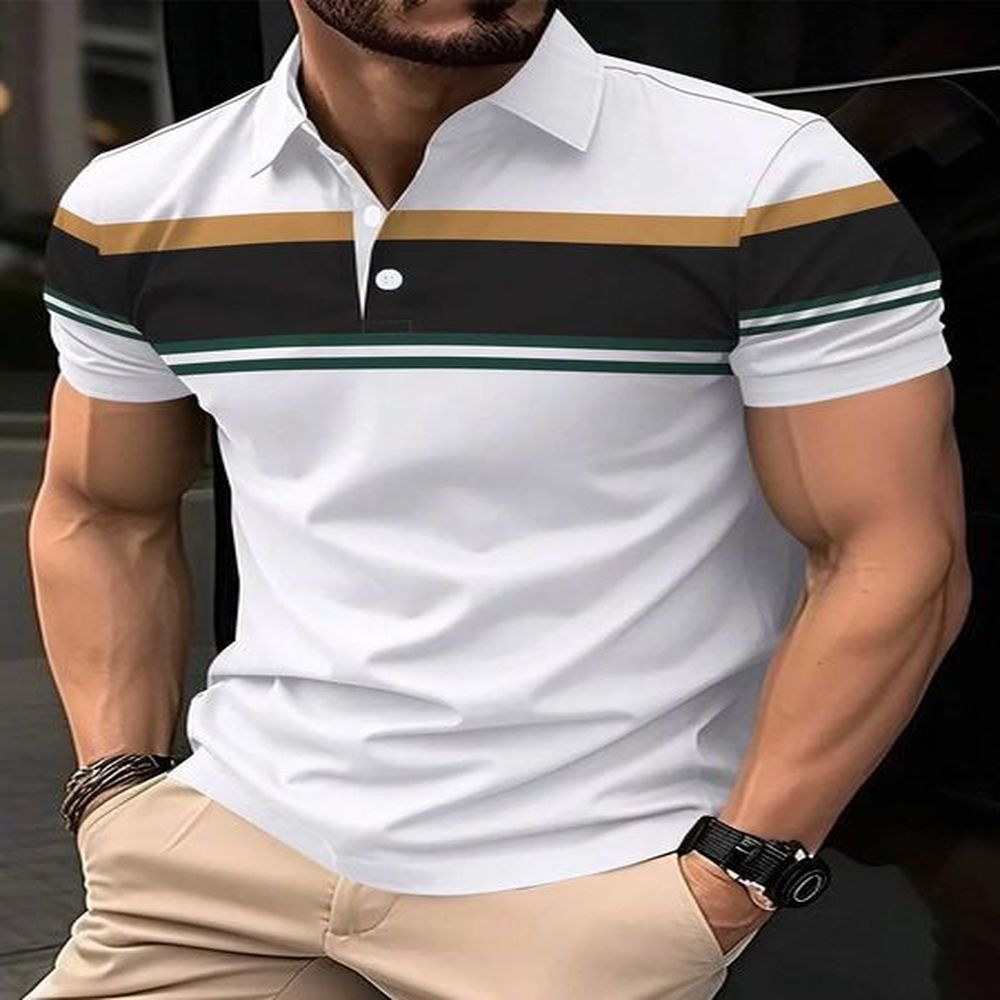 Summer mens shirt shirt button neck short sleeved zipper casual sports solid color striped lapel trend mens T-shirt top X241228