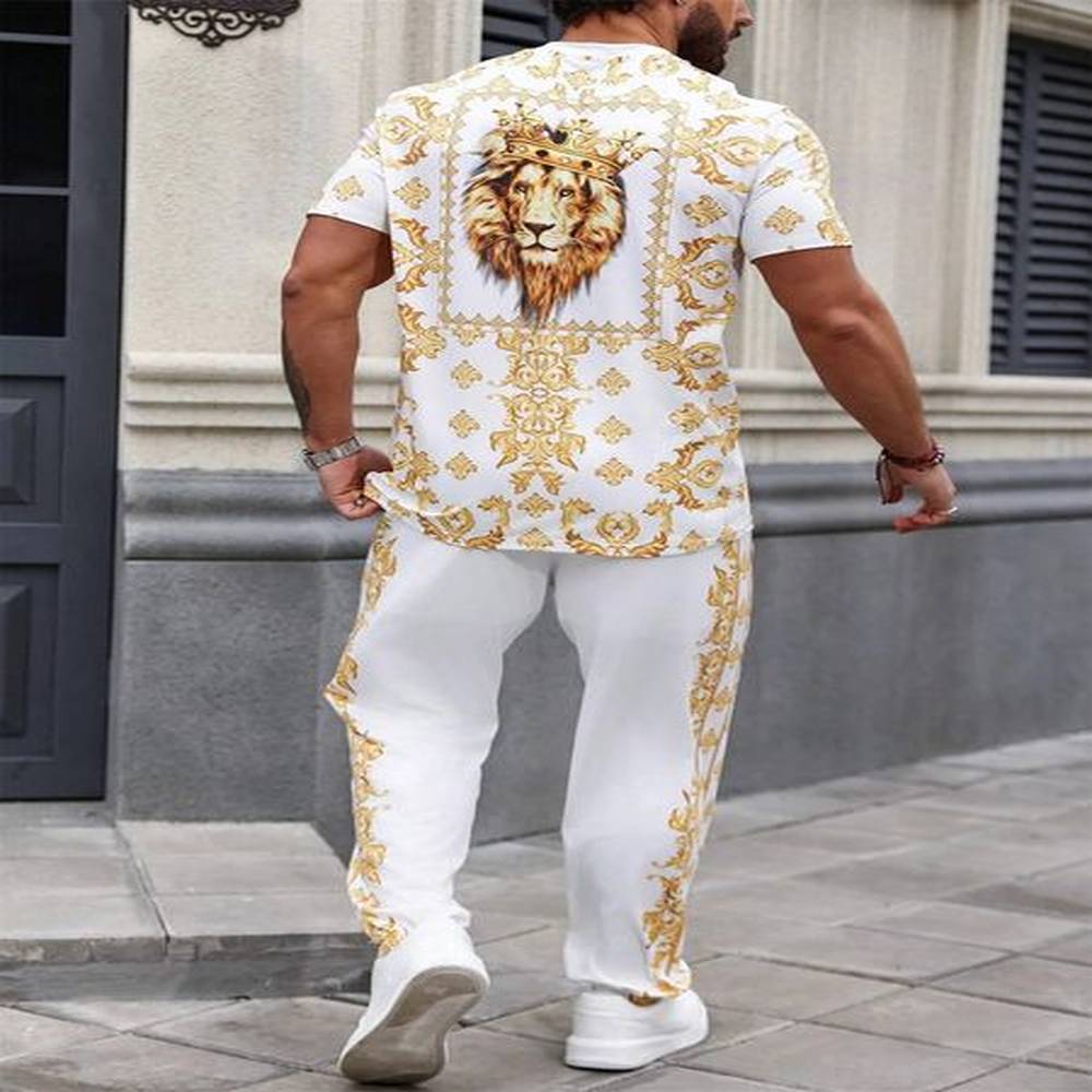 Summer mens short sleeved and mens Trouser Lion Print retro casual style mens suit trend pants and short sleeved 2-piece set 240925