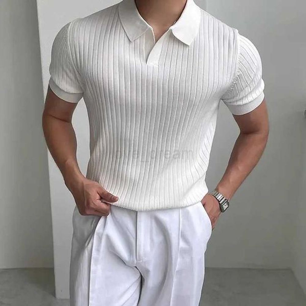 Summer Mens Slim Fit Polo Shirt Ice Silk Knit V-neck Striped Casual Business Fashion Short Sleeve T-shirt For Mature MenXJ240920