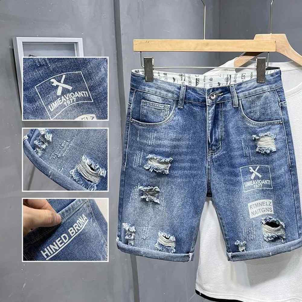 Summer Mens Straight Denim Shorts Letter Print Fashion Ripped Jeans Casual Simple Light Blue Male Short 241227