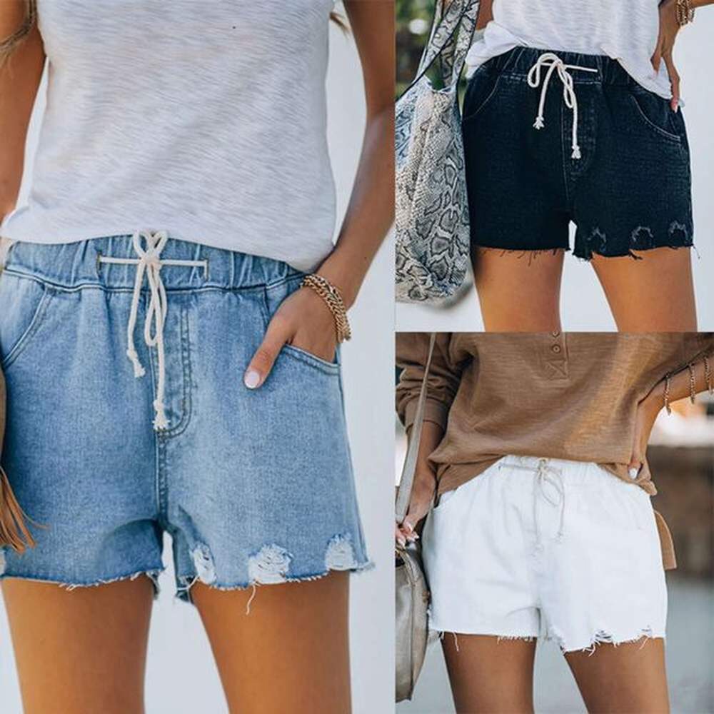 summer new denim shorts casual water wash cut broken