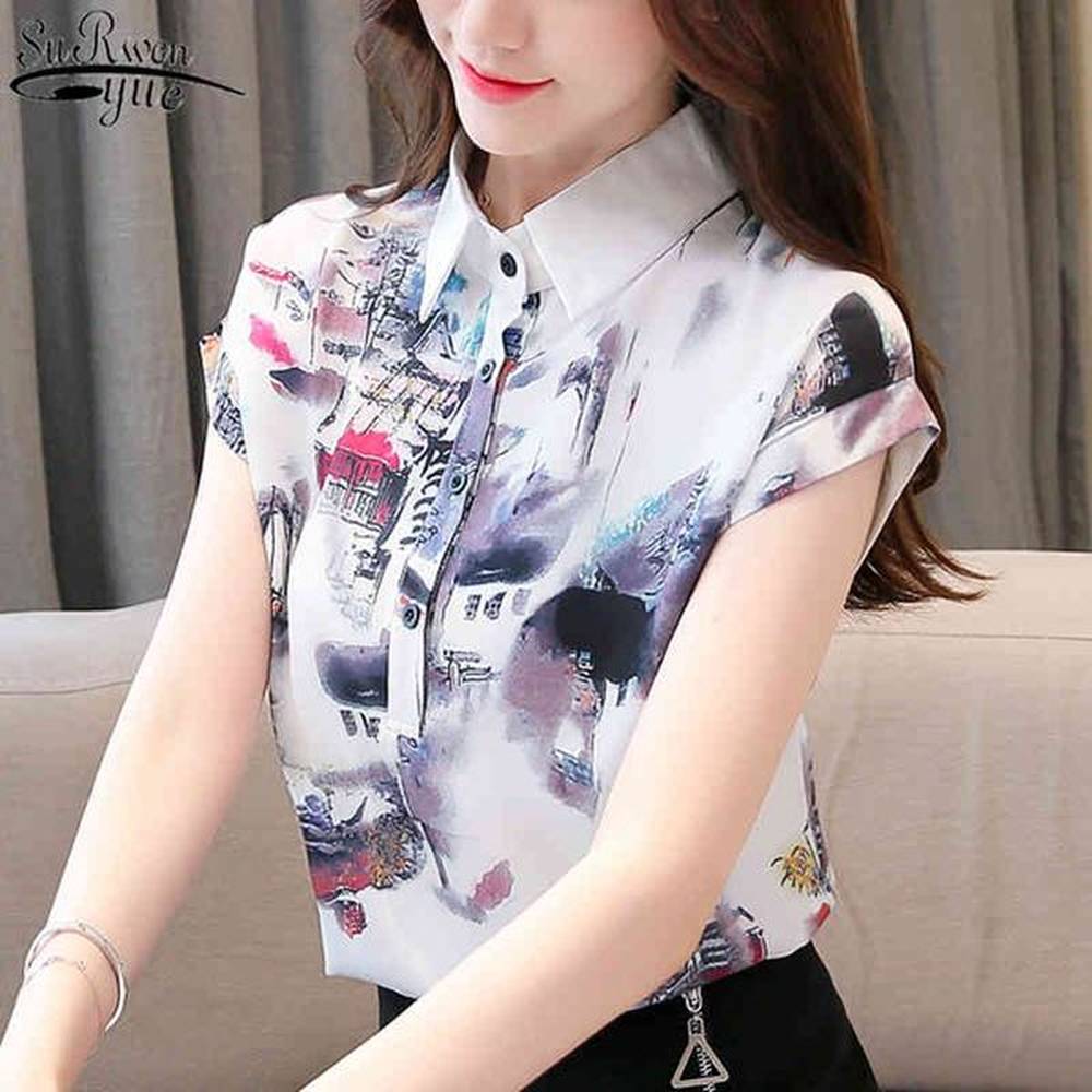 summer new fashion chiffon blouse short sleeve ladies top printed