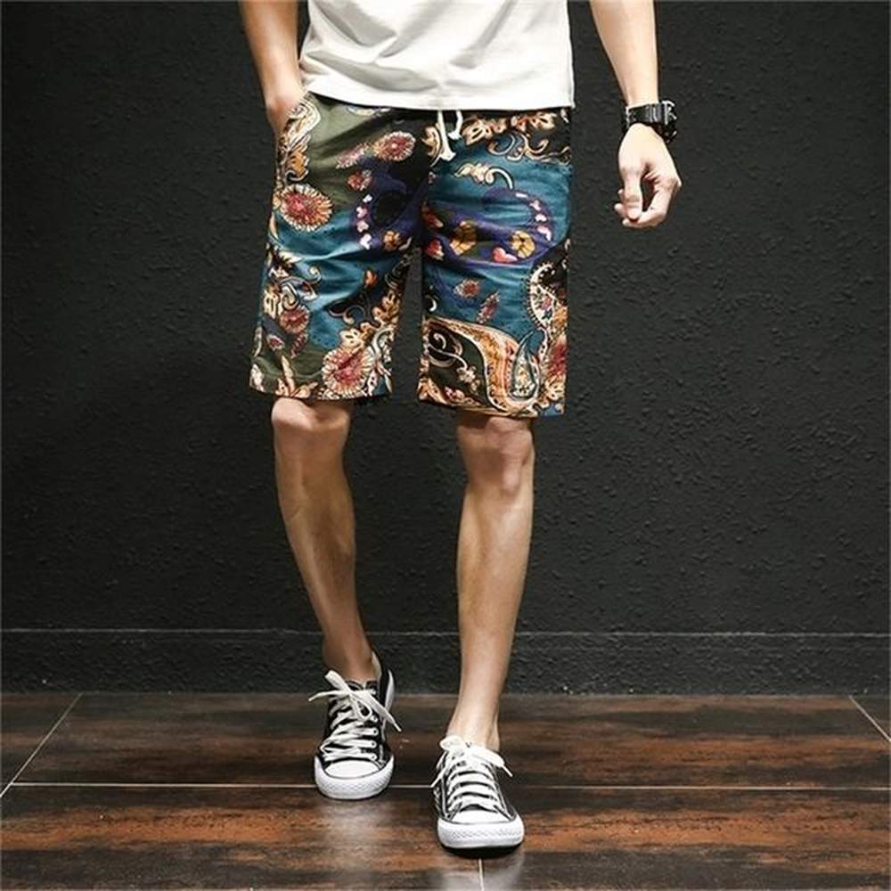 summer new Hawaiian style flower beach shorts men's cotton linen elastic waist large size casual shorts M-5XL 210315